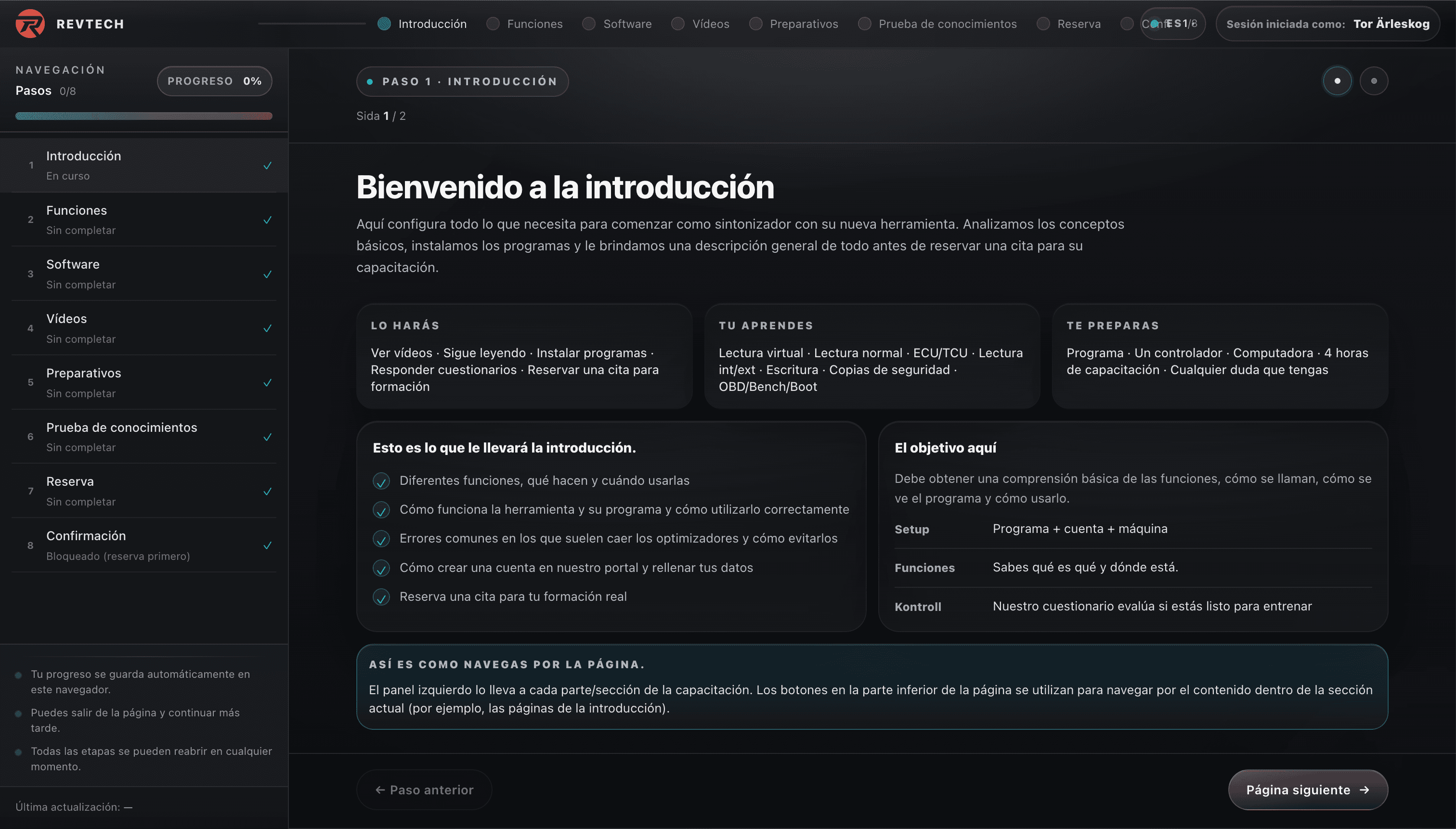 Weergave van het Revtech Training Portal